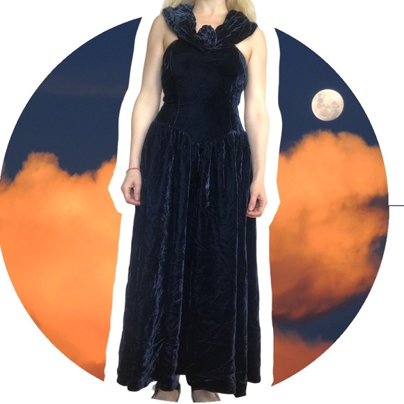 Vintage Crushed Blue Velvet Maxi Dress Gown XS - Picture 11 of 12